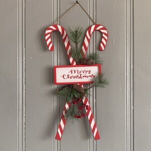 NWT- 21”- Merry Christmas Candy Cane Holiday Decoration Sign with Pinecones